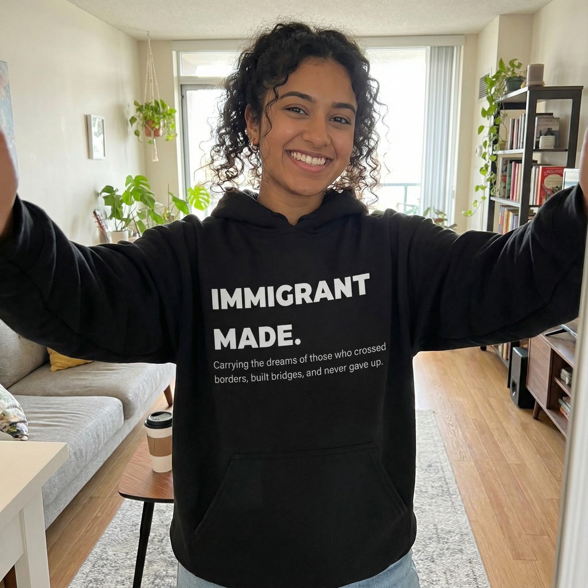 Person wearing a black hoodie with 'IMMIGRANT MADE' text in a living room.